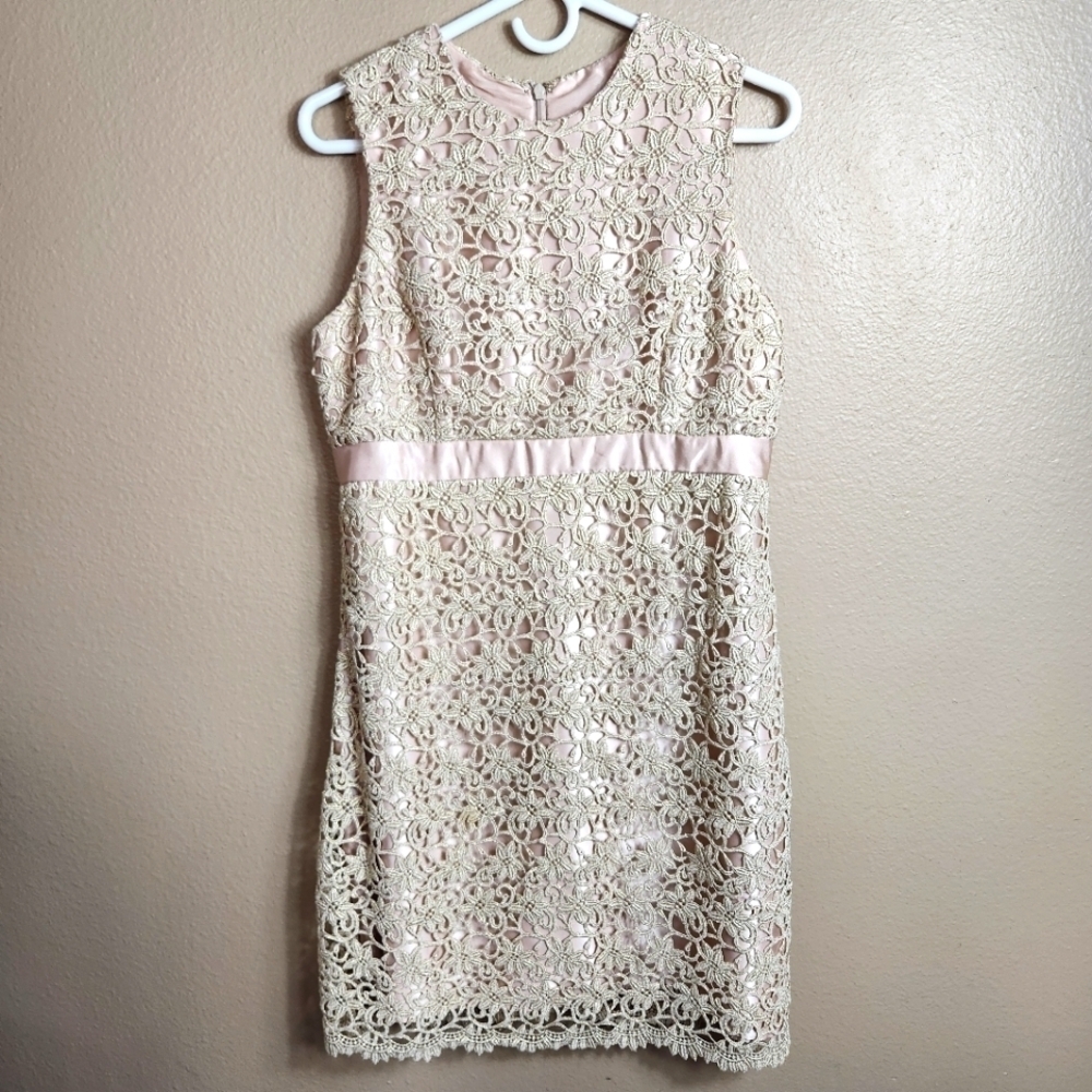 Jessica McClintock Champagne Satin Crochet Lace Overlay Evening Dress |12|